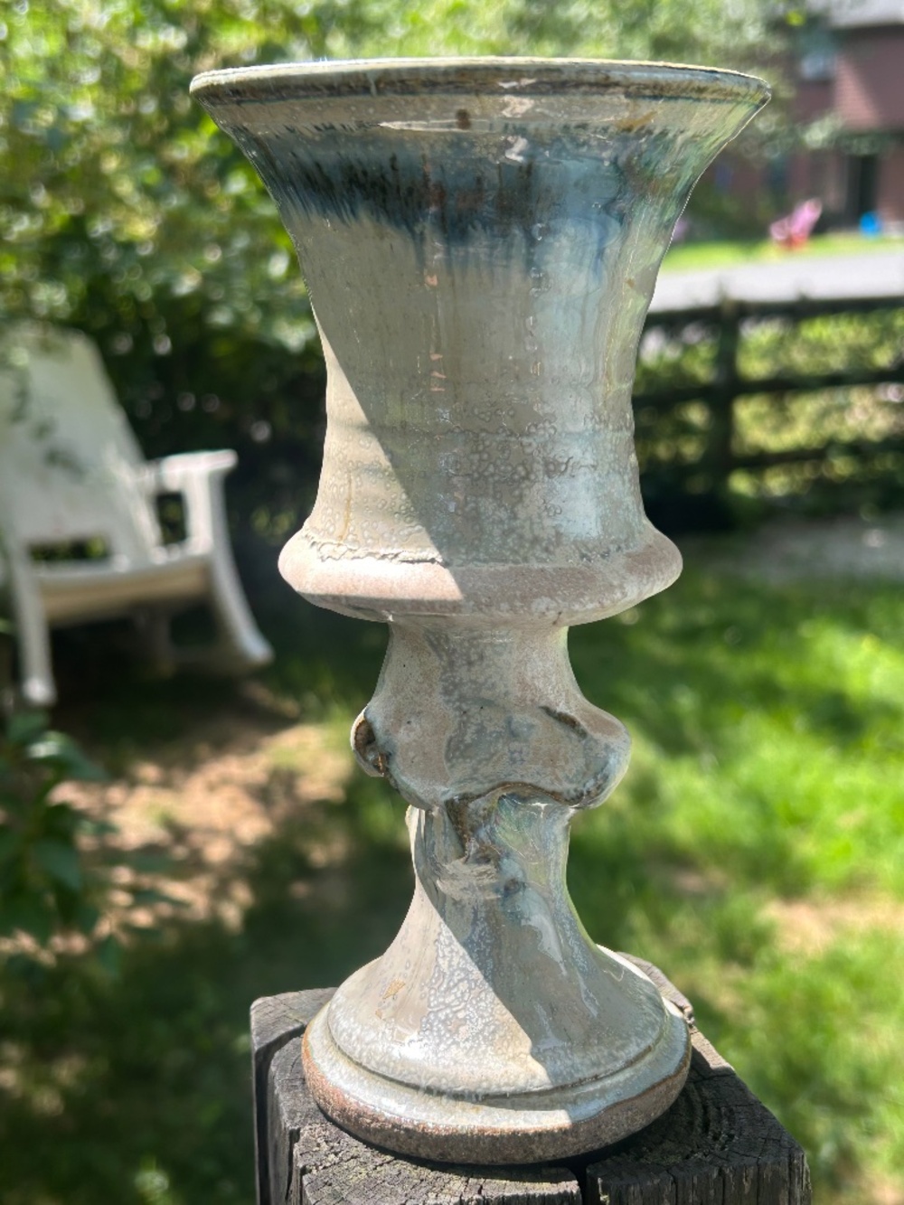 Large Vintage Studio Art Pottery Twisted Pedestal Vase Crystalline Ash Glaze Han